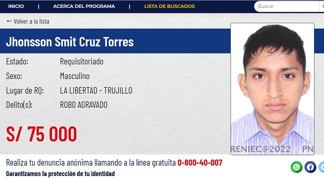 Ministerio del Interior ofrece S/ 75 mil por cabecilla de la banda ‘Los pulpos’