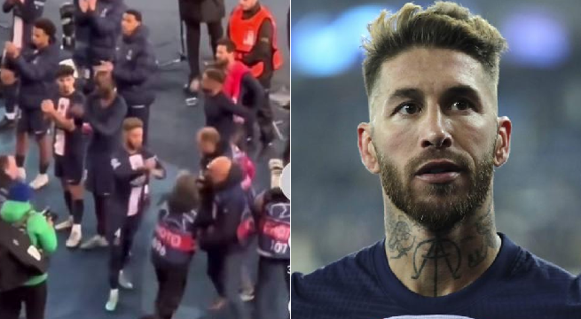 Sergio Ramos empuja a un fotógrafo tras la derrota del PSG ante el Bayern