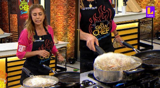 Giacomo Bocchio recuerda a Fiorella Cayo los cuidados al manipular aceite caliente en El Gran Chef Famosos