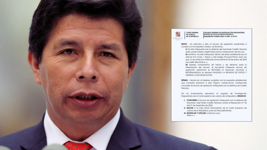 PJ acepta apelación para que se revise la prisión preventiva de 36 meses contra Pedro Castillo