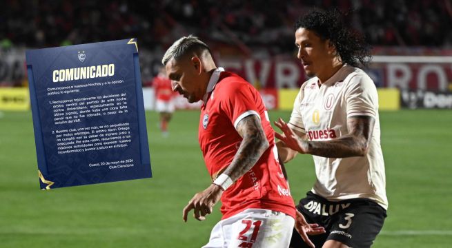 Cienciano envía fuerte comunicado y rechaza arbitraje de Kevin Ortega ante Universitario