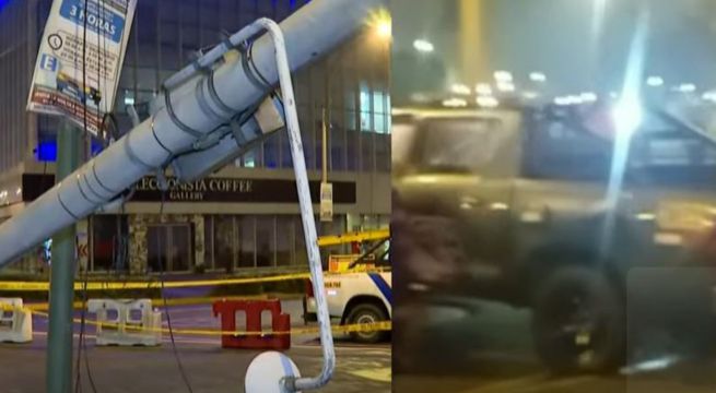 Patrullero de la PNP choca con poste en San Borja y lo deja colgando